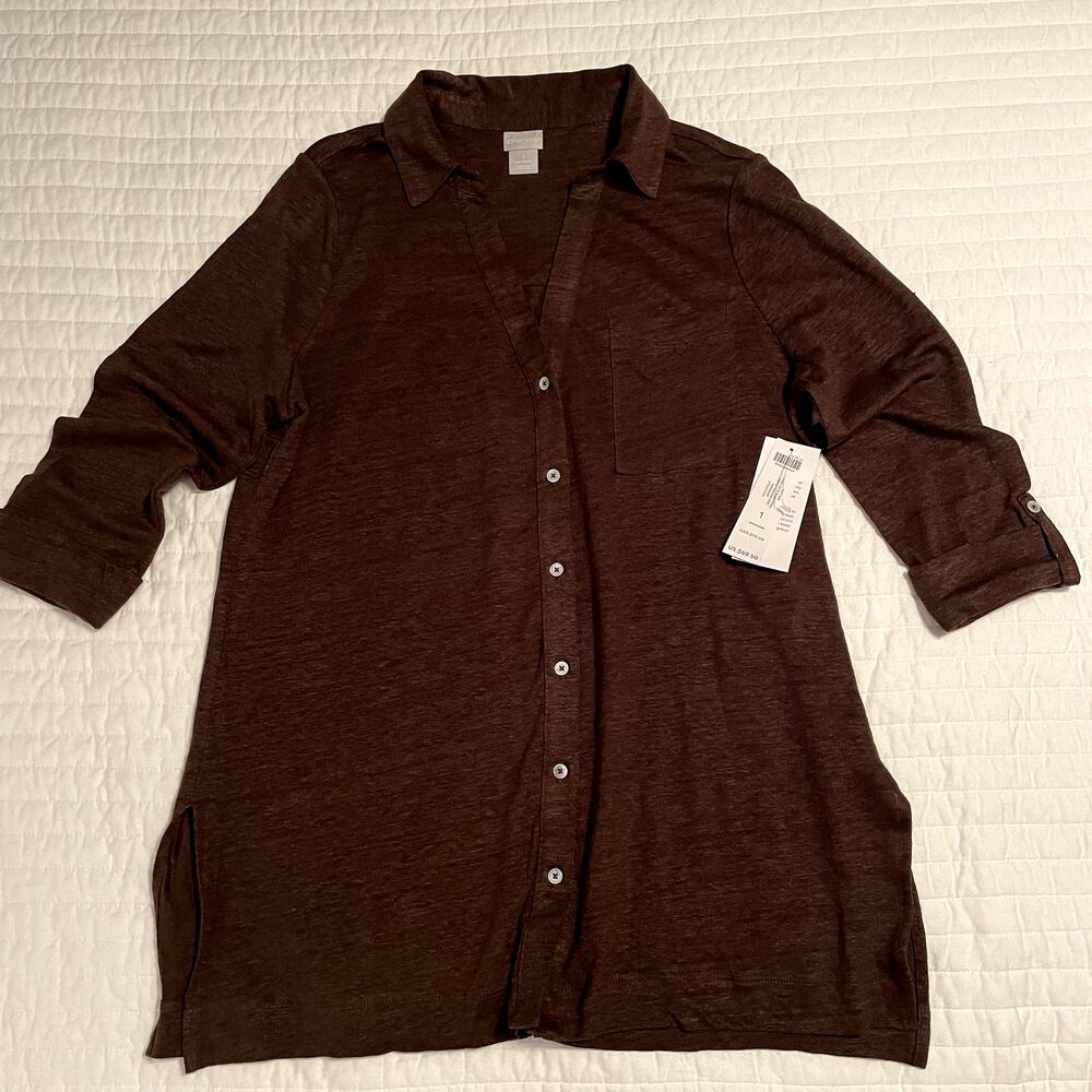 Chicos Brown Linen Collared V Neck Long Sleeve Shirt chicos 1/Medium NWT